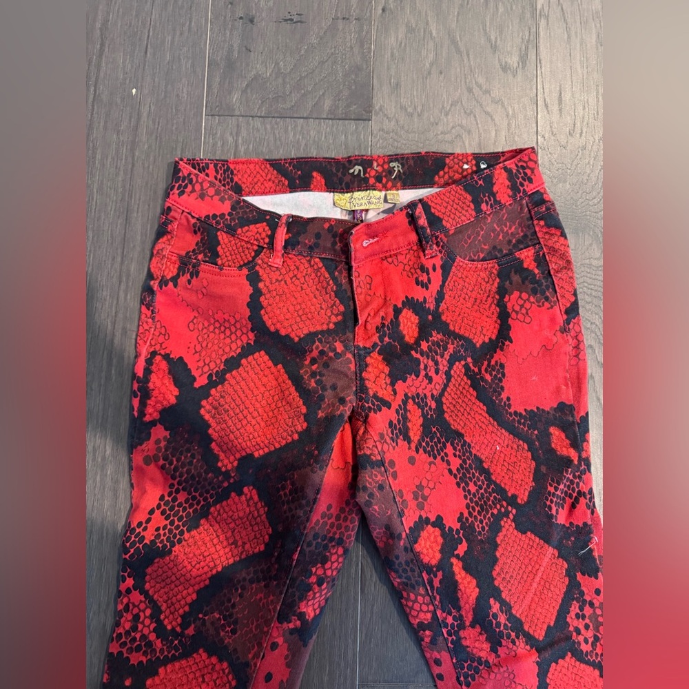 snake skin print red vera wang jeans
